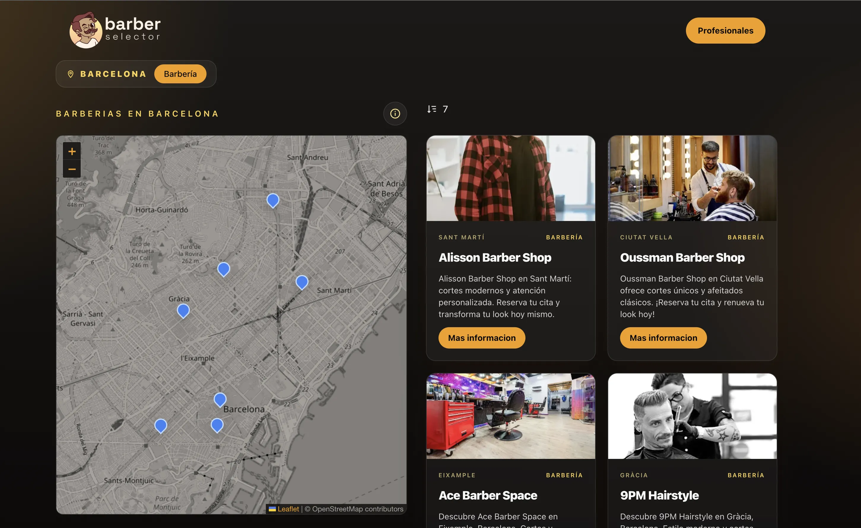 Vista del ranking de barberías en Barber Selector