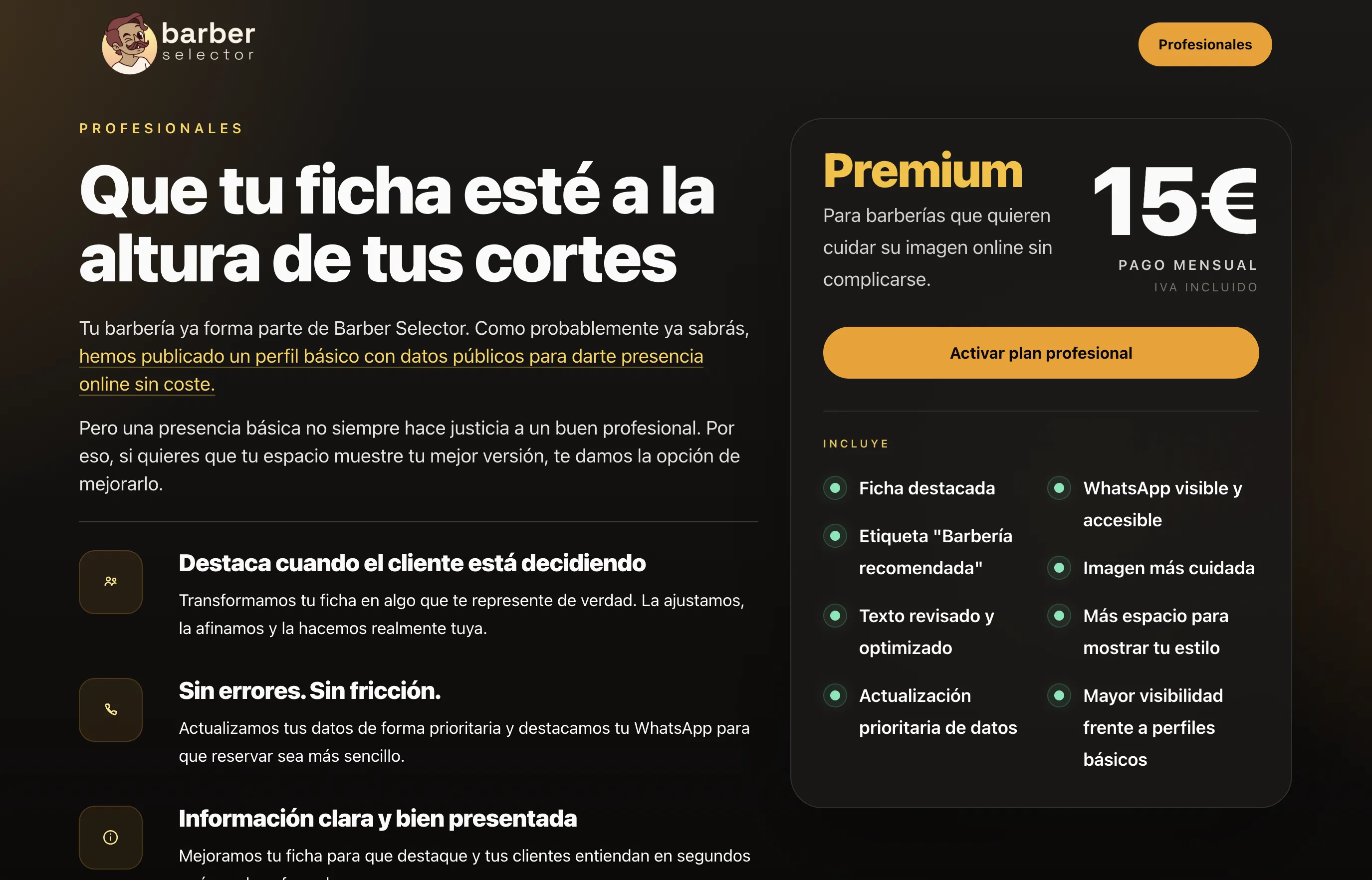 Vista de la sección premium de Barber Selector