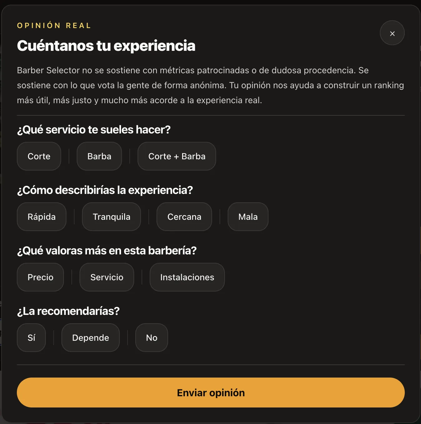 Formulario de votación de Barber Selector
